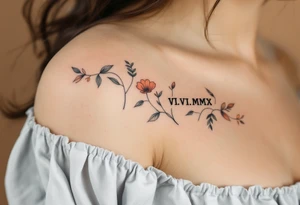 Soft charcoal VII.VII.MMX across the shoulder in a hand-drawn style with light brown parchment texture. tattoo idea