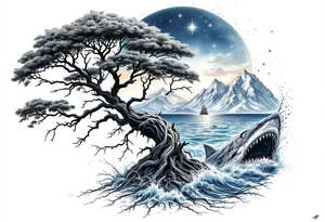 tattoo that has an acacia tree with mountains, ocean with a ship wreck with sharks and the northern star tattoo idea