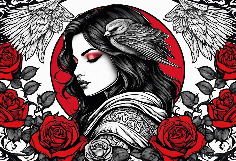 Red rose
May angels lead you in 
Raven perched on rose tattoo idea