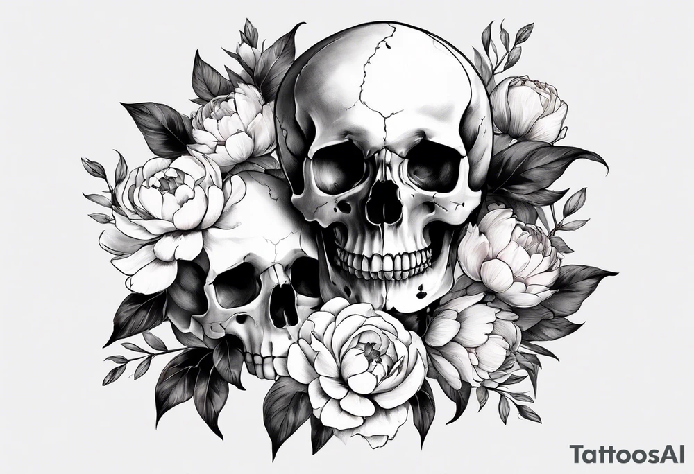 Human skull and horse skull with delicate peonies. tattoo idea