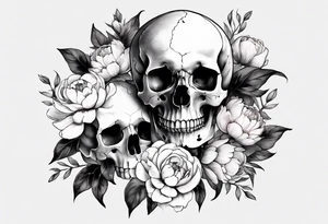 Human skull and horse skull with delicate peonies. tattoo idea