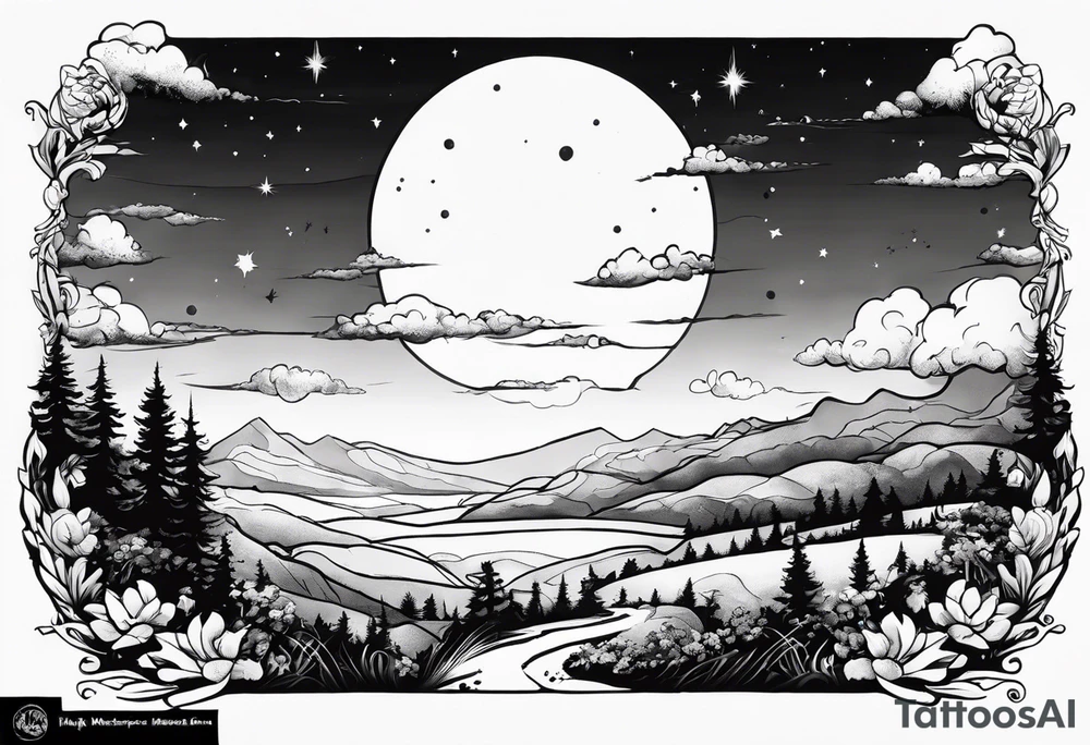 I want a arm sleeve where the sky is the background like the Calvin and Hobbes picture of them looking up at the sky tattoo idea