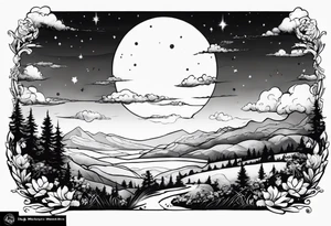 I want a arm sleeve where the sky is the background like the Calvin and Hobbes picture of them looking up at the sky tattoo idea