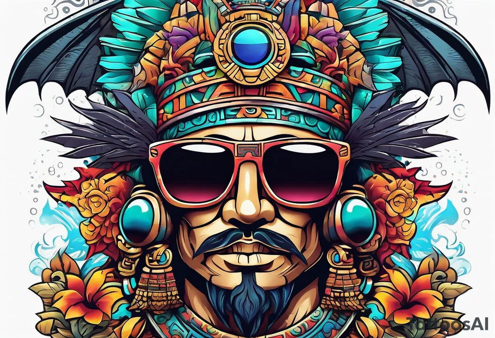 Colorful Mayan god hieroglyph wearing sunglasses with bats and water tattoo idea