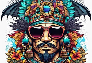 Colorful Mayan god hieroglyph wearing sunglasses with bats and water tattoo idea