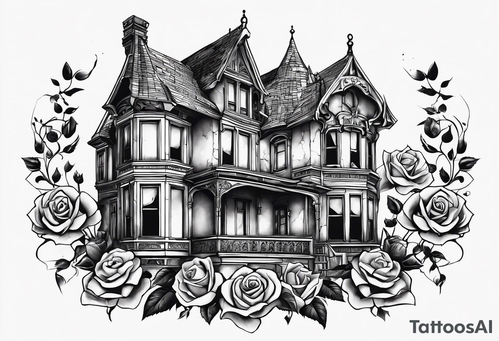 тату рукав, abandoned old gotic house, broken sword, roses, tattoo idea