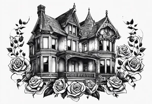 тату рукав, abandoned old gotic house, broken sword, roses, tattoo idea
