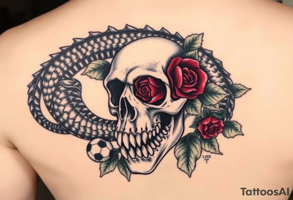 the Tudor rose at the center, all crimson petals edged in black velvet thorns, blooming right out of the skull’s eye socket like it’s growing from his bones. The skull’s grinning, but soft—like he’s in on the joke. And the alligator? He’s coiled around the whole thing, tail curling under the jaw, jaws open just enough to show teeth that look... almost tender. Like he’s protecting it. Or about to eat it.
Maybe a little mist, some ivy creeping up the spine of the rose. Dark greens, deep reds, charcoal shadows. No brights—just that old, heavy velvet feeling. tattoo idea