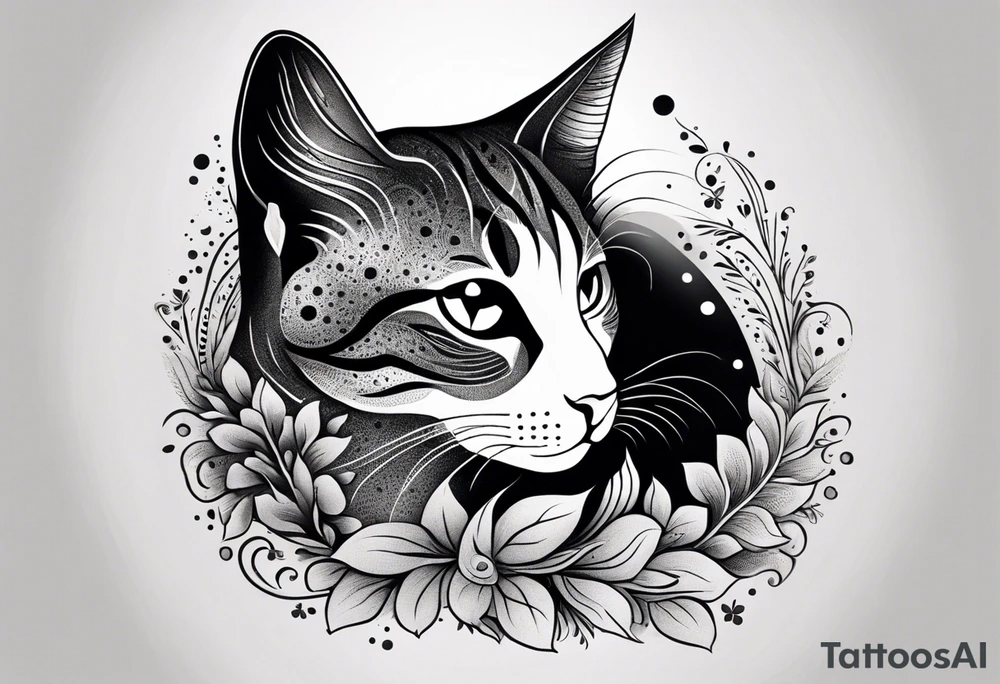 Illustrate a small tattoo of a tabby cat curled up, surrounded by gentle swirls or floral elements to enhance its cozy vibe tattoo idea