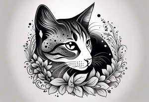 Illustrate a small tattoo of a tabby cat curled up, surrounded by gentle swirls or floral elements to enhance its cozy vibe tattoo idea