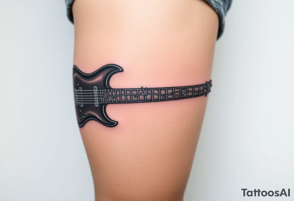 A guitar with barbed wire wrapping around its neck, in shades of dark grey and silver, symbolizing rebellion and strength tattoo idea