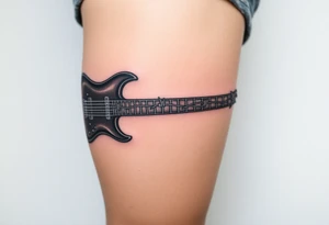 A guitar with barbed wire wrapping around its neck, in shades of dark grey and silver, symbolizing rebellion and strength tattoo idea