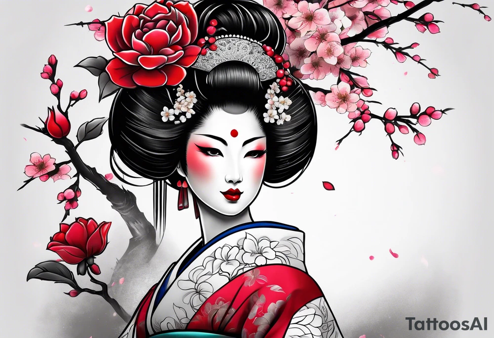 Geisha holding a colored roses under a cherry tree tattoo idea Geisha holding a colored roses under a cherry tree tattoo idea