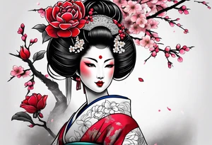 Geisha holding a colored roses under a cherry tree tattoo idea