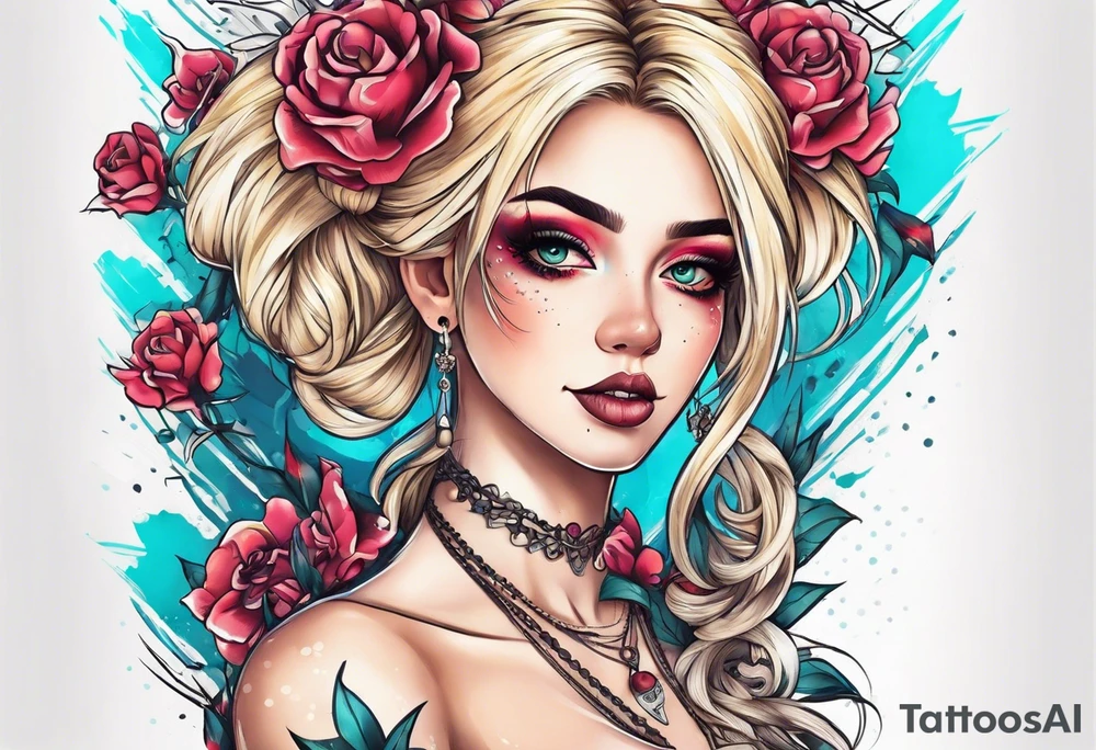 feminine skull and cross bones with hair in two blonde pigtails tattoo idea