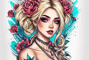 feminine skull and cross bones with hair in two blonde pigtails tattoo idea