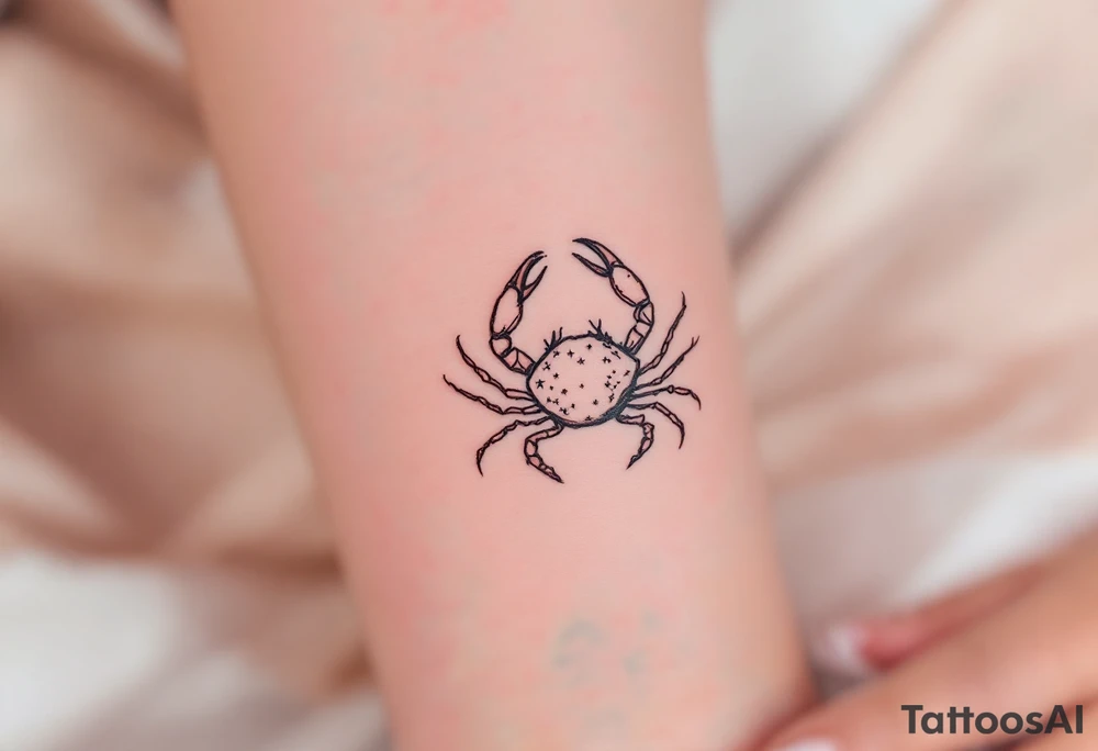 A soft pink sky background frames a hand-poked Cancer constellation with a faint gray crab outline. tattoo idea