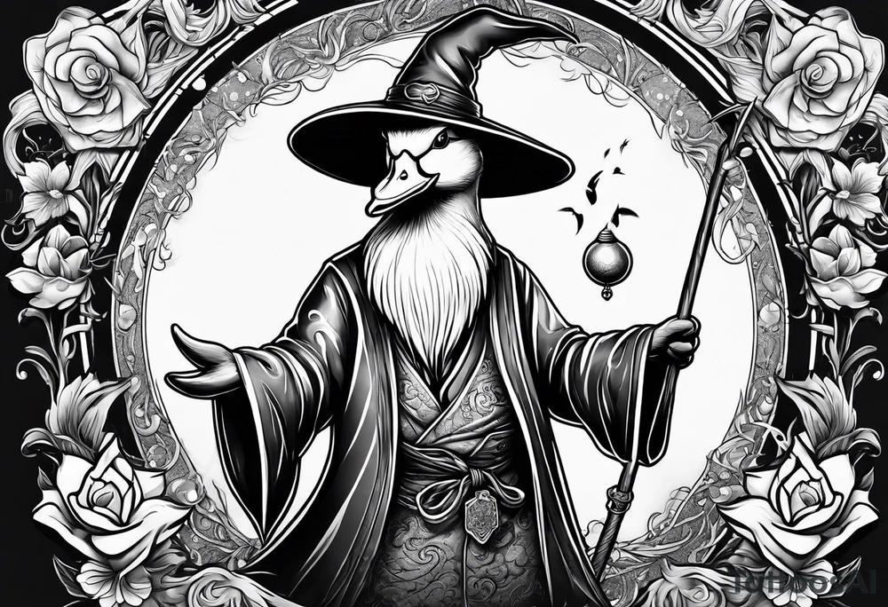 Dabbling Duck dressed like a wizard casting a spell with his wand tattoo idea