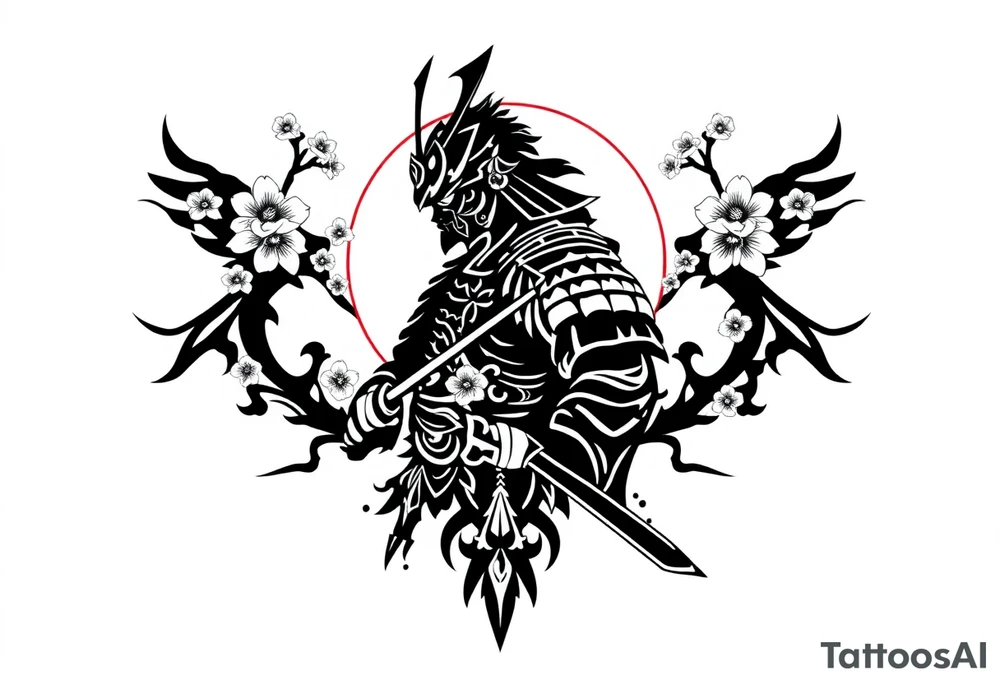 noble samurai warrior silhouette at sunset with cherry blossoms tattoo idea