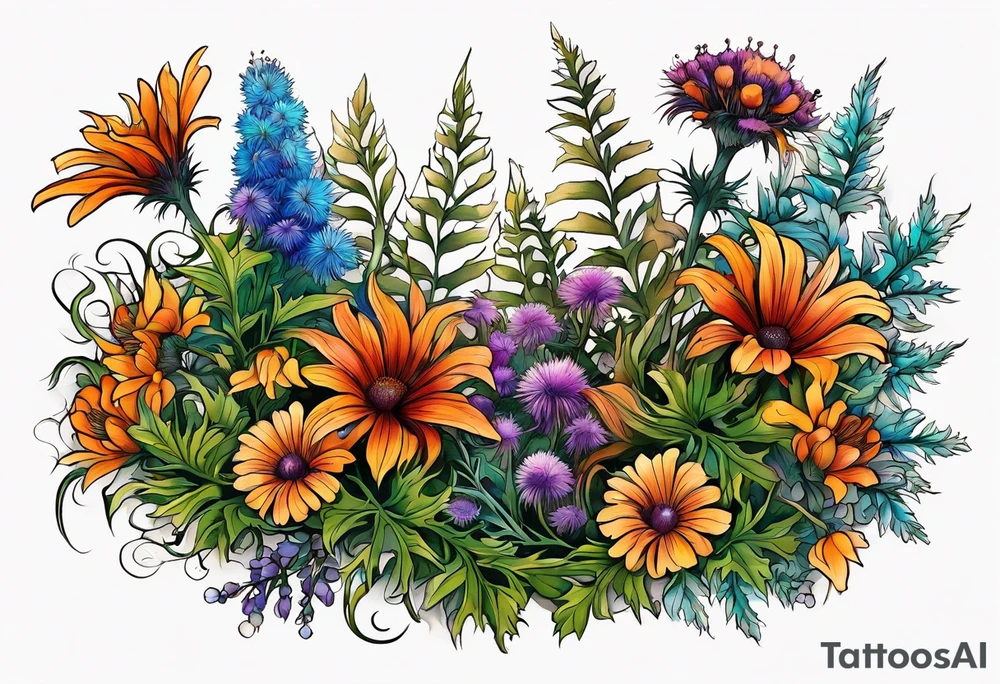 cascading mixed colored wildflowers with thistles, ferns, burnt orange flowers all in color tattoo idea