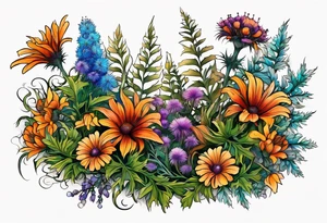 cascading mixed colored wildflowers with thistles, ferns, burnt orange flowers all in color tattoo idea