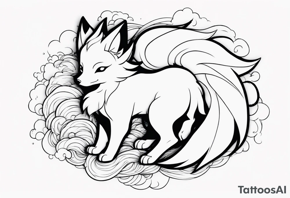 ninetails facing us, small and cute, it's in the center while the tails are surrounding the background tattoo idea