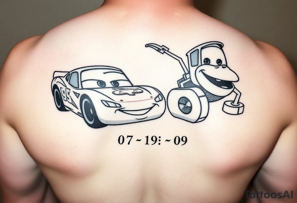 Lighting McQueen, Dusty Crophopper, Turbo with the name Titan and birthday date 07/19/09 tattoo idea