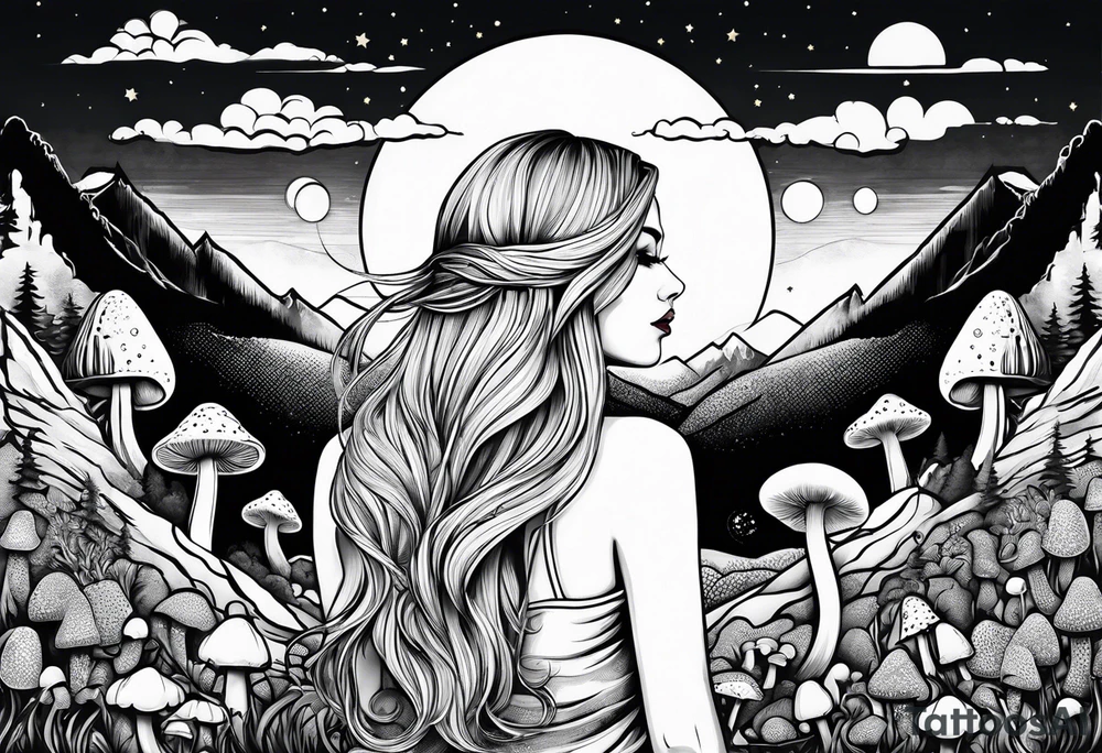 Straight blonde hair girl facing away mountains surrounded by mushrooms crescent moon tattoo idea
