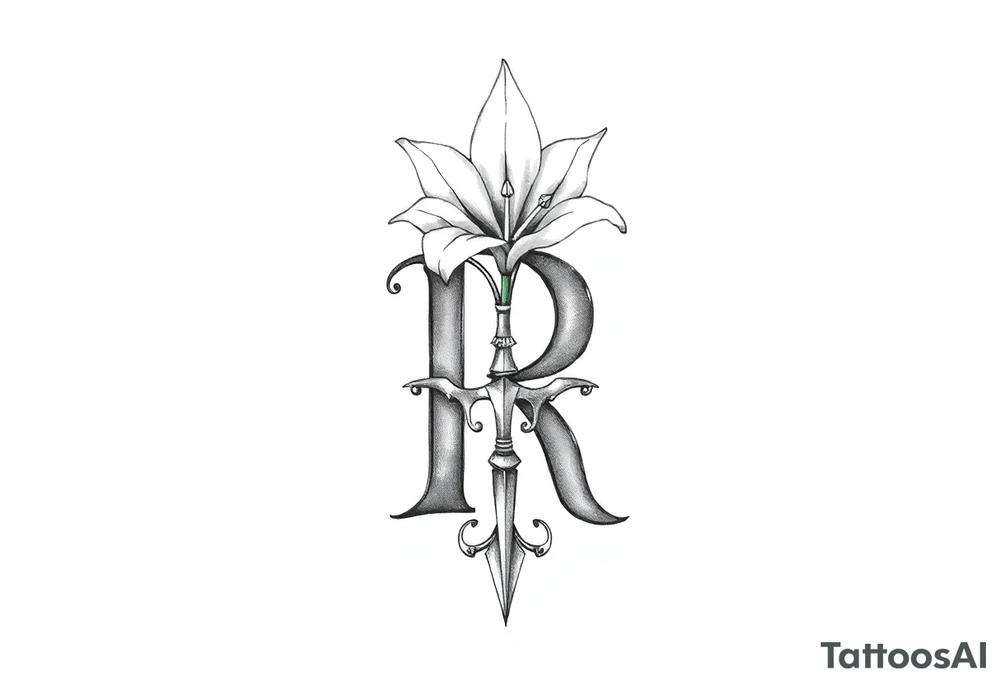 Give me a 'R' with a lily come out the top and a Sagittarius at the bottom tattoo idea