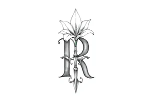 Give me a 'R' with a lily come out the top and a Sagittarius at the bottom tattoo idea