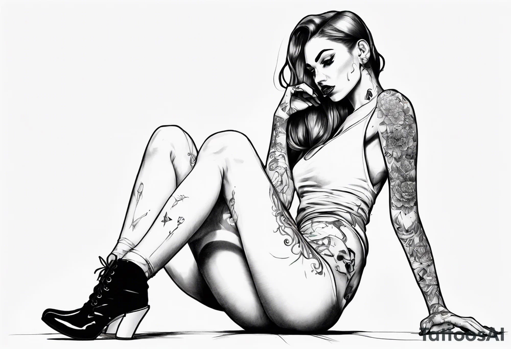 A girl in heels sits on the floor, leaning on her feet, with two legs wide open tattoo idea