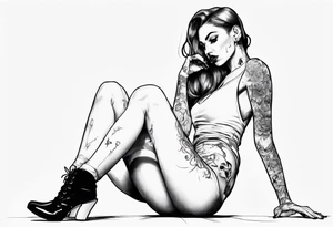 A girl in heels sits on the floor, leaning on her feet, with two legs wide open tattoo idea