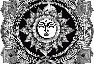 Merge celestial symbols like the sun and moon with religious icons, creating a design that represents the eternal and cyclical nature of spirituality. tattoo idea