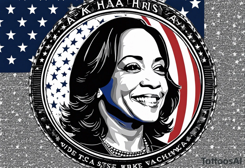 Kamala Harris, jackass, United States flag, circular motif, egg on face. Kamala is an idiot tattoo idea