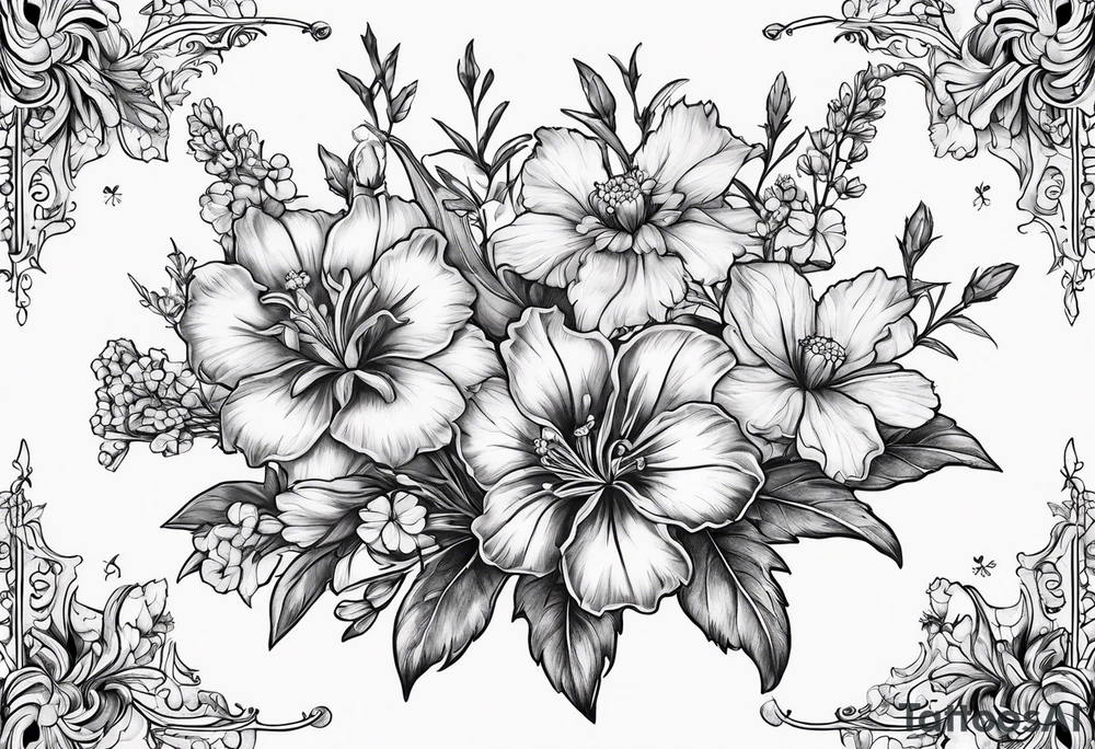 Small, simple sketched bouquet of larkspur, stemmed carnation, stemmed violet, stemmed daisy  bouquet tattoo idea