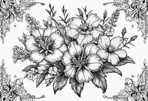 Small, simple sketched bouquet of larkspur, stemmed carnation, stemmed violet, stemmed daisy  bouquet tattoo idea