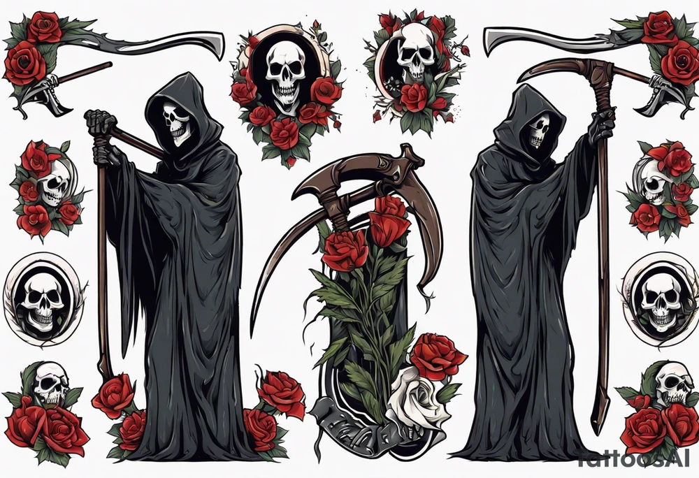 grim reaper holding scythe, half body, flowers, traditional tattoo idea
