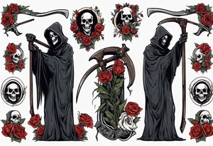grim reaper holding scythe, half body, flowers, traditional tattoo idea