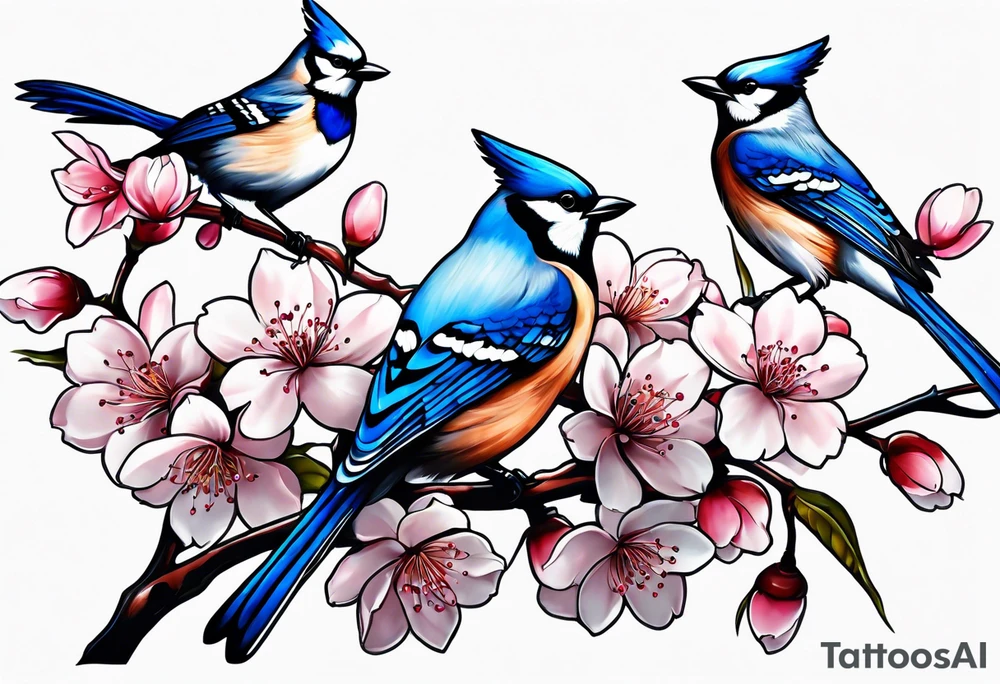 Back tattoo of a cherry blossom tree with three blue jays on the tree tattoo idea