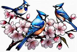 Back tattoo of a cherry blossom tree with three blue jays on the tree tattoo idea