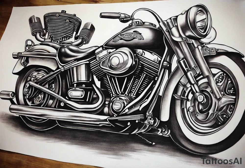 Create a tattoo for a man's chest featuring two cylinder heads (motorcycle engine like a Harley Davidson). The cylinder heads should be partially in cross-section to reveal the pistons, piston rods, valves, and cams. Additionally, part of the engine with the crankshaft should also be in cross-section. You might add a spark or flames to one cylinder (simulating the explosion phase) and perhaps the exhaust phase to the other. Try to prepare the background for potential extension of the tattoo. tattoo idea