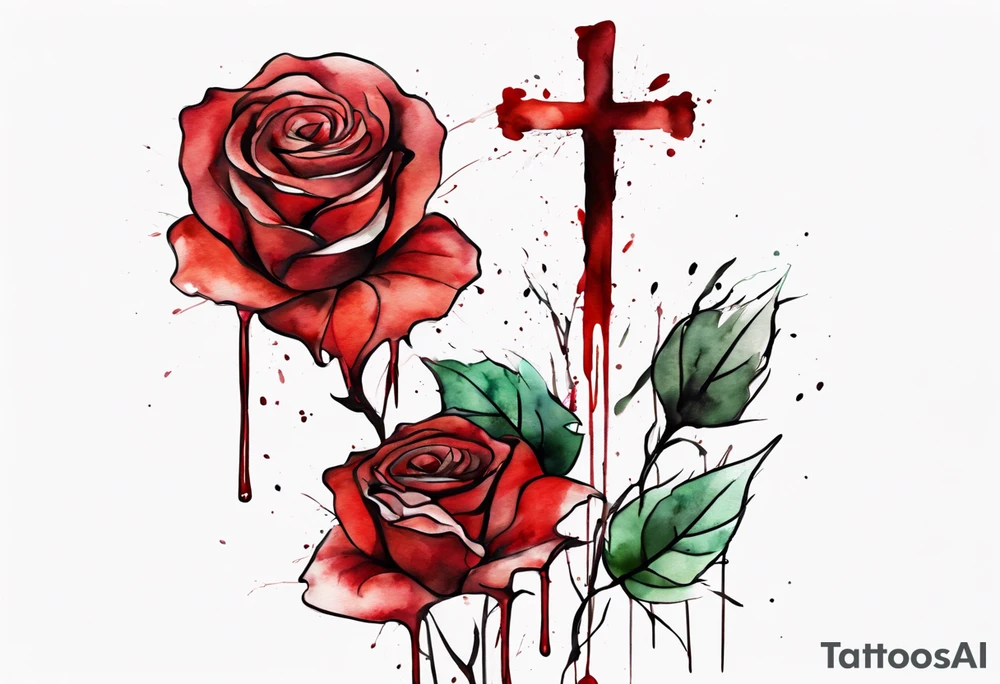 rose flower, one line, red blood dripping from the flower, tall, watercolor, with a cross in the stem tattoo idea