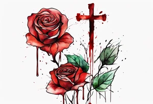 rose flower, one line, red blood dripping from the flower, tall, watercolor, with a cross in the stem tattoo idea
