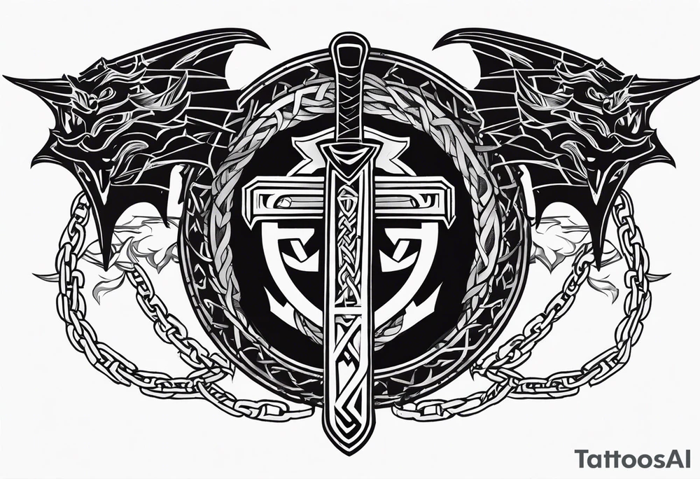 Valhalla sword shield dragon axe Valknut barbed wire chains tribal tattoo idea Valhalla sword shield dragon axe Valknut barbed wire chains tribal tattoo idea