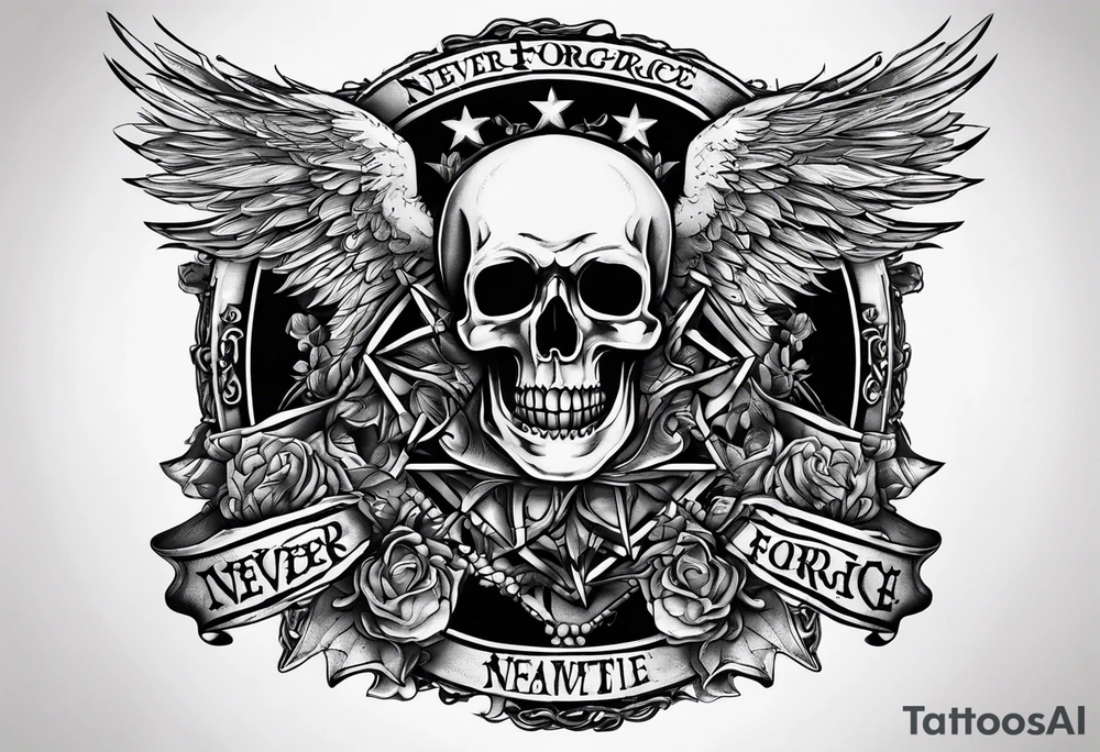 A text that says "never forget never forgive" in satanic font tattoo idea