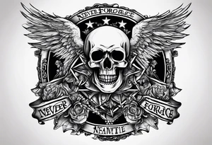 A text that says "never forget never forgive" in satanic font tattoo idea