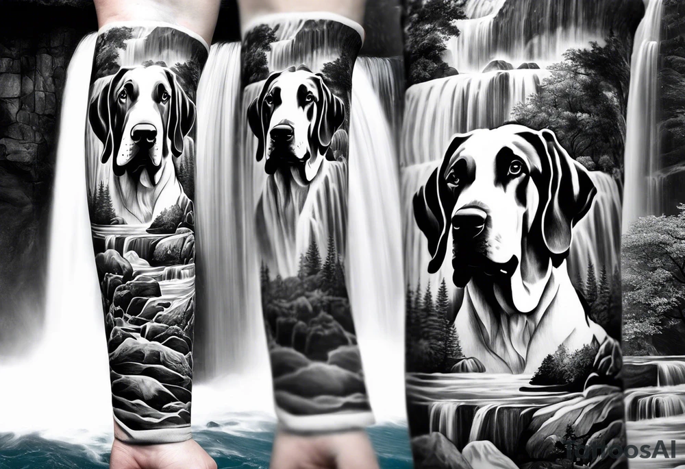 Arm sleeve for man with 4 Great Danes in front of a waterfall outdoor fillwork tattoo idea