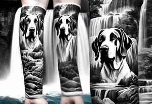 Arm sleeve for man with 4 Great Danes in front of a waterfall outdoor fillwork tattoo idea