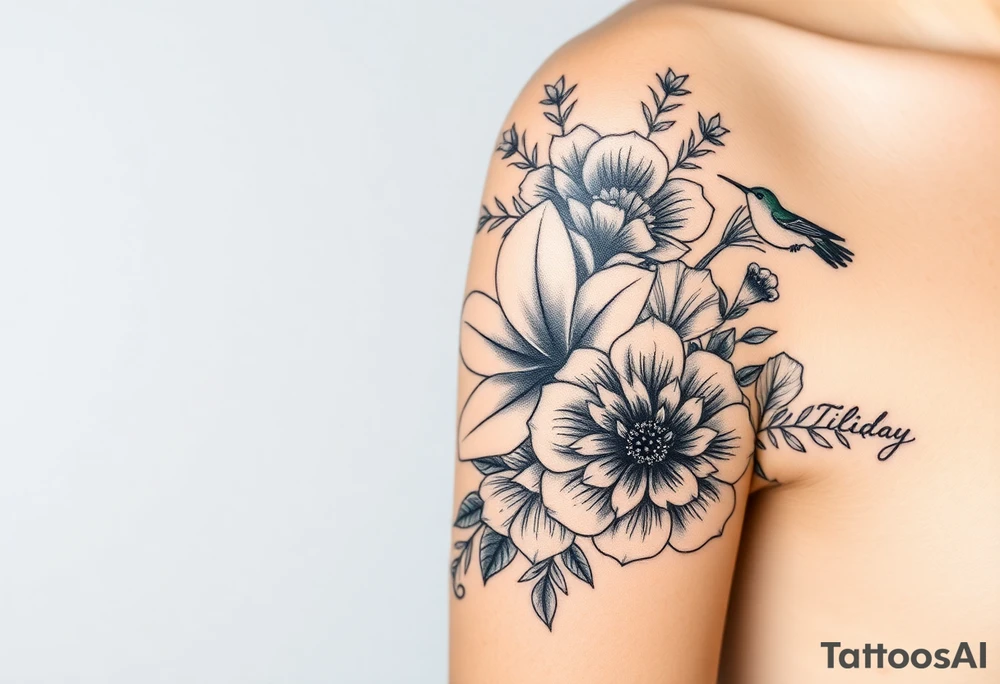 Can you create an image of a tattoo that will go on my upper arm including the following floral arrangement done very light handed and with soft lines- 1 large violet, 1 large carnation, 1 large lily of the valley, 1 large narcicuss, 1 medium carnation, 1 medium violet, 1 small dafodil, 2 small water lillies, and 1 small chrysanthemum. Add a small hummingbird drinking out of the large narcicuss. I want it on my upper right arm on the outside but slightly wrapping around the outer arm. I would like some greenery to fill in spaces as well. Make it large enough to fill my upper arm. I want the flowers to have dramatic and realistic shading. Make the tattoo more vertical than horizontal and put it on a female's arm with medium tan skin. tattoo idea