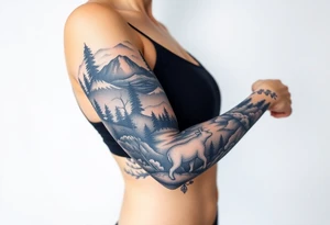 A full-sleeve with the Härjedalen landscape, reindeer, bear, lakes, mountains (Helags), tattoo idea